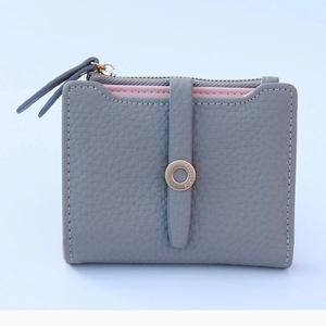 Women's small bifold wallet in grey lychee leather with pink interior and zipper