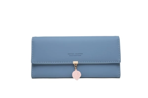 Detail of blue leather long wallet with leaf pendant and fine white stitching finish