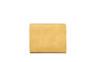 Close-up of a small yellow matte leather bifold wallet with leaf buckle and fine stitching