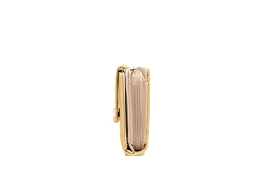 Side view of vertical beige leather phone wallet showing zipper and flap magnetic snap