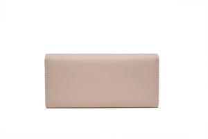 Detailed view of nude beige long wallet featuring smooth leather and precise stitching