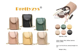 Détail de mini sacs à bandoulière matelassés en six couleurs avec dimensions du produit