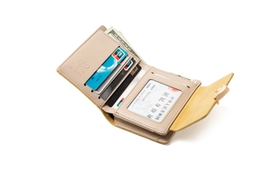 Interior detail of bi-fold wallet showing card slots, ID window, and cat-shaped metal clasp