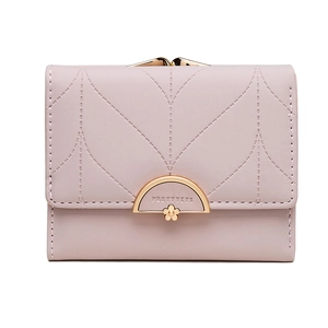 Pink faux leather tri-fold short wallet with leaf quilting and gold flower buckle