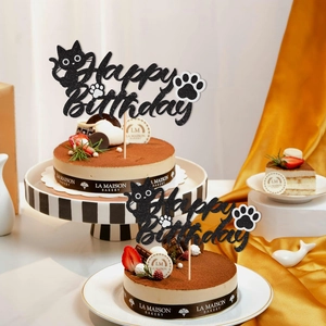 Black glitter cat happy birthday cake topper for pet themed party decoration