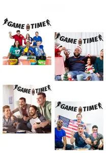 Detail of glittery black Game Time banner with football silhouettes for sport party decor