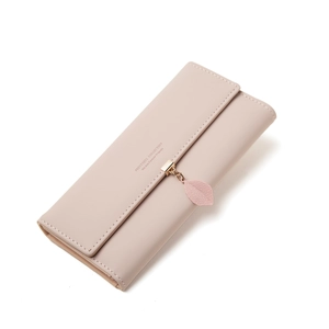 Elegant long pink faux leather wallet for women with gold leaf pendant and snap closure