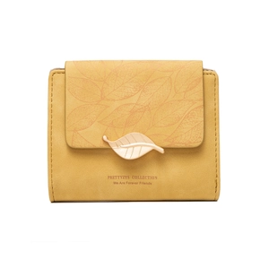 Short yellow leaf buckle wallet for women with matte leather texture and metal leaf clasp