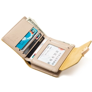 Short bi-fold leaf buckle wallet in beige and yellow with multiple card slots
