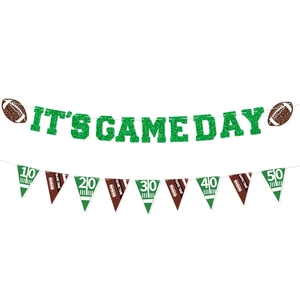 Football party decoration kit with green glitter It's Game Day banner and yard line bunting
