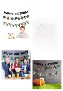 Dettaglio decorazioni festa football con striscione di compleanno e gagliardetti