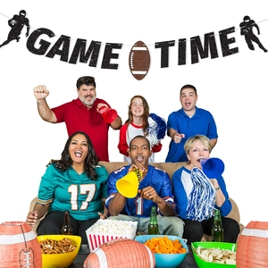 Glittery Game Time banner for American football parties featuring players and ball icons