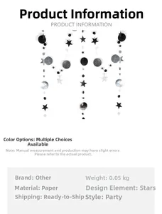 Infographic showing silver and black paper star circle garland with product specifications