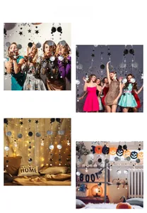 Hanging star and circle garland decorations in black and silver for party atmosphere