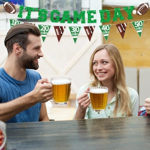 Green sequined It's Game Day banner and football field triangle pennants for sports party decoration