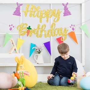 Golden glitter Happy Birthday banner with purple bunny and carrot party decorations