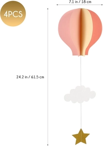 Détail des suspensions ballons à air chaud 3D avec dimensions et étiquette de lot de 4