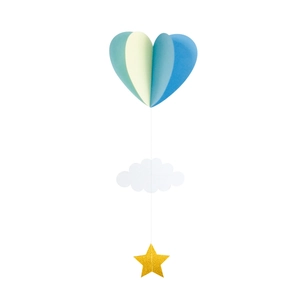 Détail d'une décoration de fête suspendue en papier cœur 3D nuage et étoile dorée