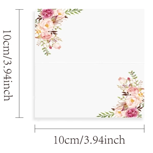 Elegant floral wedding place cards with pink roses and 10cm square dimensions