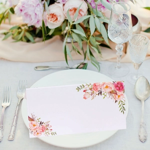 Elegant pink floral place card with watercolor roses for wedding table seating