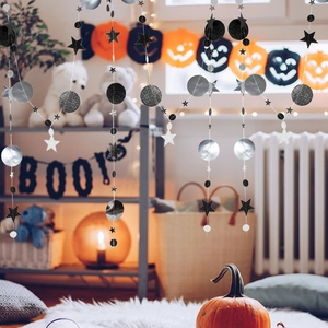 Halloween star and moon circle garland hanging decoration with black glitter and silver finish
