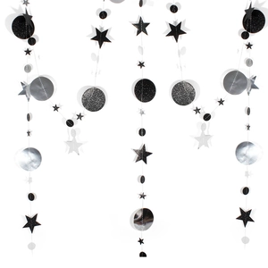 Star and circle garland in black glitter and silver mirror finish for party decor