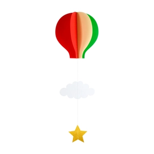 Détail de décoration suspendue montgolfière 3D avec étoiles et nuages blancs de fête
