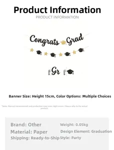 Detailed size chart for black and gold graduation banners featuring Congrats Grad dimensions