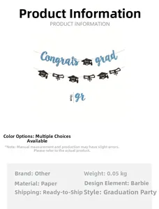 Blue glitter Congrats Grad banner set with paper doctoral cap and diploma scroll specs