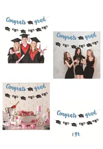 Detail of glittery Congrats grad banner with black doctoral caps and diploma scrolls
