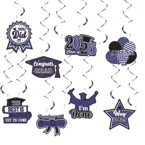 2025 Graduation party hanging swirls with purple and blue glitter graduation cap charms