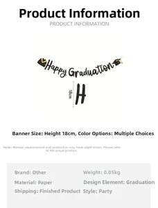 Detailed size specifications of the black and gold Happy Graduation banner for party decor