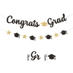 Black and gold glitter Congrats Grad banner set with mortarboard and stars for 2026 graduation