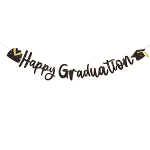 Black and gold glitter Happy Graduation banner with graduation cap icons for party decor