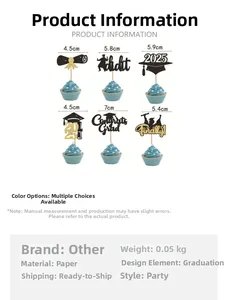 Detailed size chart for graduation cake toppers with 6 pieces in various dimensions