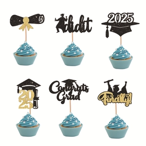 2025 Graduation cake topper set with glitter graduation cap and scrolls for cupcakes
