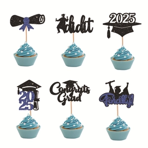 Glittery 2025 graduation cupcake toppers featuring Congrats Grad and mortarboard caps