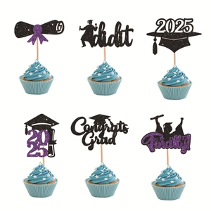 Macro view of 2025 graduation cupcake toppers with black and purple glitter details