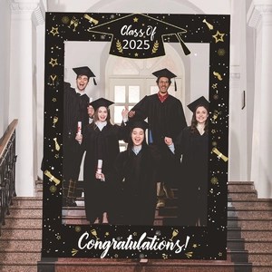 Class Of 2025 Graduation Photo Booth Prop Frame Black Gold Paper Picture Frame For Party Celebrations Decorations