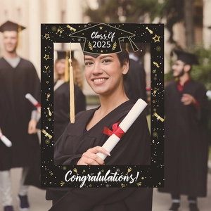 Class of 2025 graduation photo frame prop with gold and black festive decorations