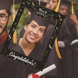 Class of 2025 graduation photo booth frame with gold motifs for graduation parties