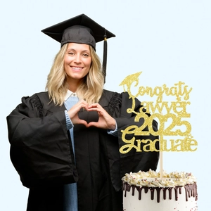 Glittery gold Congrats Lawyer 2025 cake topper for graduation party decoration