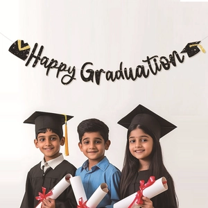 Glittery Happy Graduation banner with mortarboard accents for festive party background décor