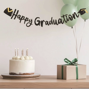 Black glitter Happy Graduation banner with mortarboard accents for party wall decoration