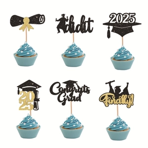 Graduation Cupcake Toppers Glitter Paper Class Of 2025 Cake Decoration Party Supplies Congrats Grad Cap Silhouette