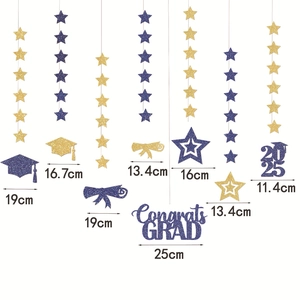 Set decorazioni festa laurea 2025 blu e oro con striscioni Congrats GRAD e cappelli
