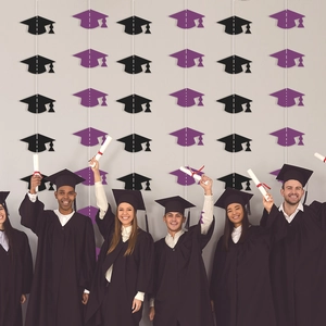 6pcs Graduation banner set with black and purple mortarboard cap garlands for party decor