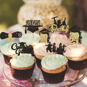 Black and gold 2025 graduation cake topper set with glitter finish for party decor