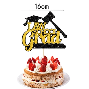 Law School Graduation cake topper with black and gold glitter design and gavel ornament