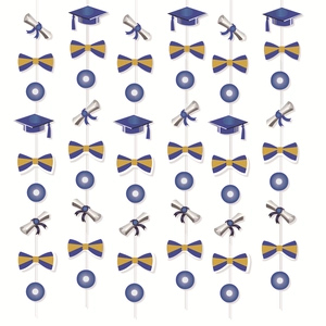 Vertical graduation party garlands with blue caps, diplomas and golden bow ties